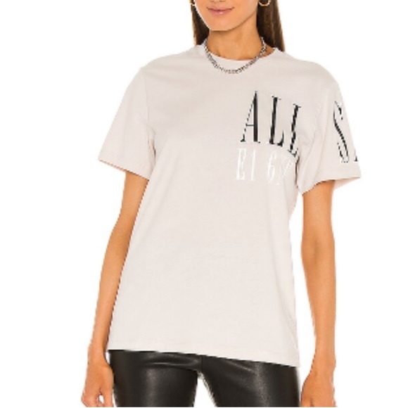 All Saints Revolve Graphic Spell Out Logo Separo Crew Tee in Cream Size Small - Picture 3 of 6